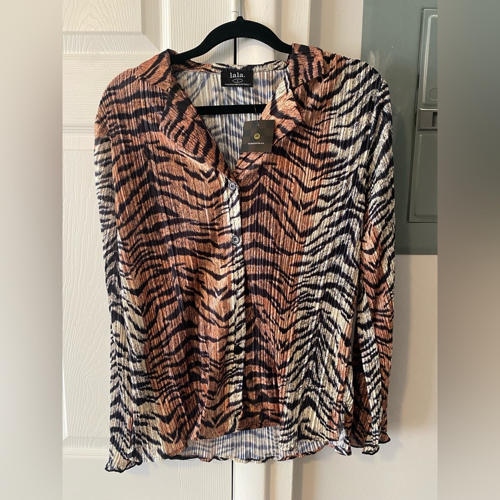 Dressed in LALA Zebra Print Blouse and Pants- Black and Orange